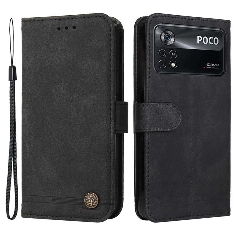 For Xiaomi Poco X4 Pro 5G Leather Wallet Cases Skin Touch Phone Cover Stand with Strap - Black