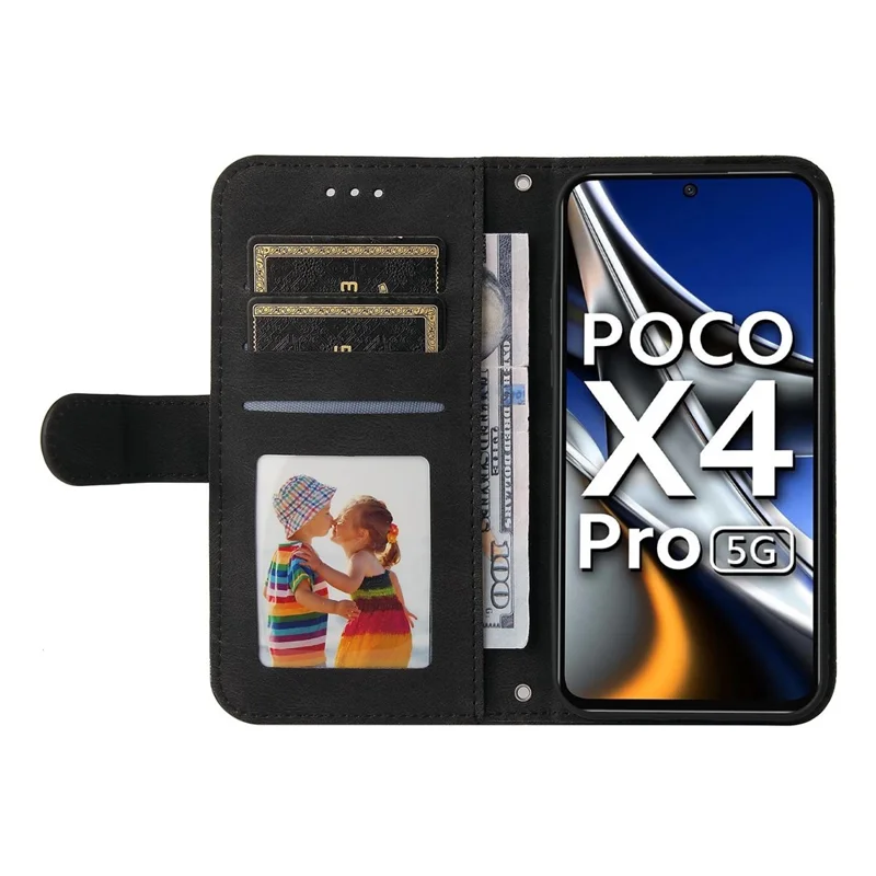 For Xiaomi Poco X4 Pro 5G Leather Wallet Cases Skin Touch Phone Cover Stand with Strap - Black