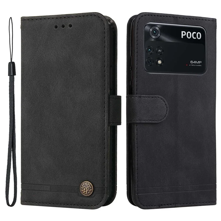 Per Xiaomi Poco M4 Pro Tree Pattern Pulsante Metal Pulcela Custodia da Portafoglio Anti-collisione Coperchio di Portafoglio Con Cinturino - Nero