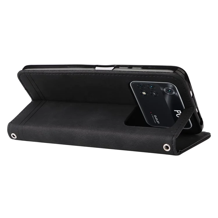 Per Xiaomi Poco M4 Pro Tree Pattern Pulsante Metal Pulcela Custodia da Portafoglio Anti-collisione Coperchio di Portafoglio Con Cinturino - Nero