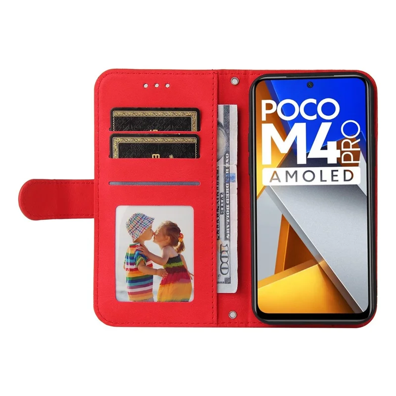 Läderplånboksfodral med ställfunktion och rem för Xiaomi Poco M4 Pro, skin touch-yta med trästruktur - Röd