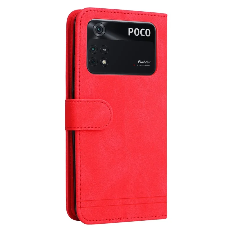 Läderplånboksfodral med ställfunktion och rem för Xiaomi Poco M4 Pro, skin touch-yta med trästruktur - Röd
