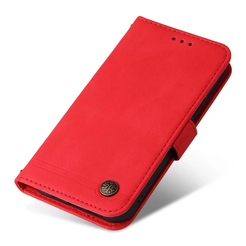 Läderplånboksfodral med ställfunktion och rem för Xiaomi Poco M4 Pro, skin touch-yta med trästruktur - Röd