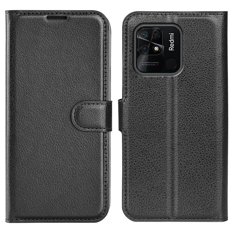 Per Xiaomi Redmi 10C/Redmi 10 (India) Funzione di Supporto Funzione Litchi Texture Case Portafoglio Magnetica Protezione Del Telefono Cellulare - Nero