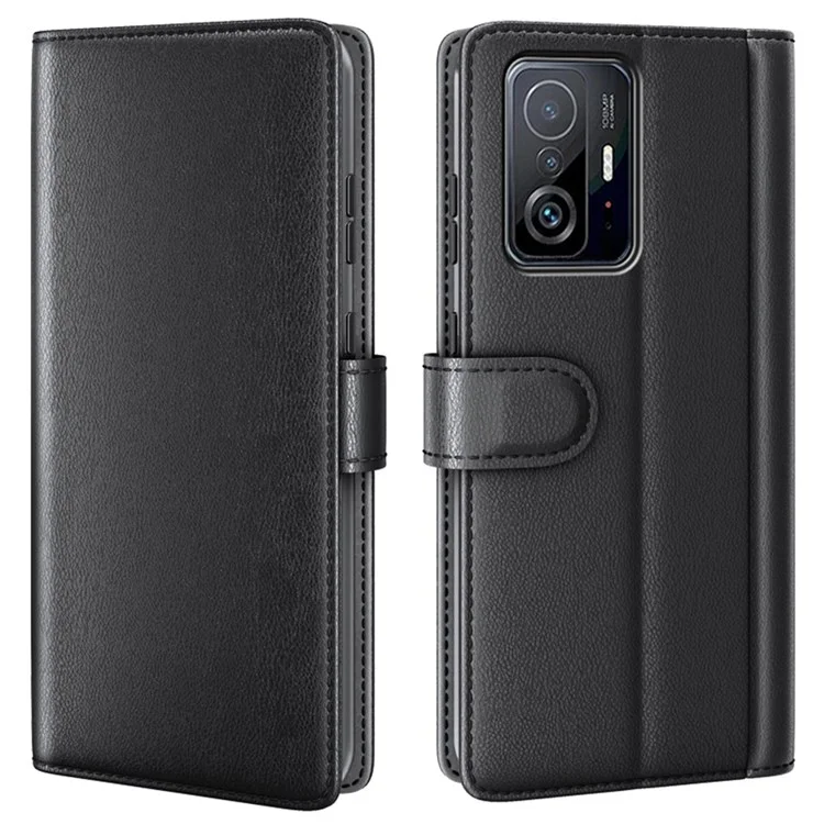 For Xiaomi 11T/11T Pro Split Genuine Leather Phone Case TPU Inner Shell Wallet Stand Folio Flip Cover - Black