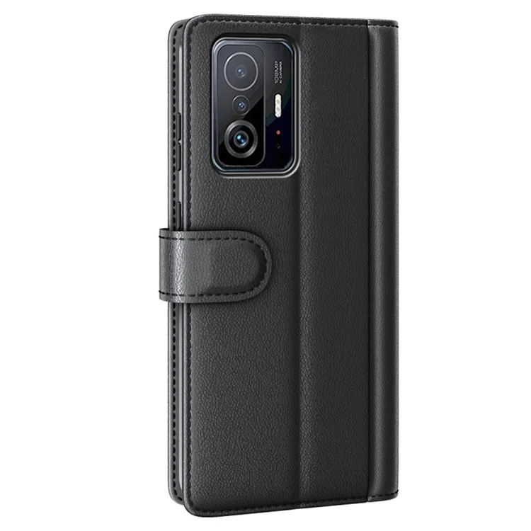 For Xiaomi 11T/11T Pro Split Genuine Leather Phone Case TPU Inner Shell Wallet Stand Folio Flip Cover - Black