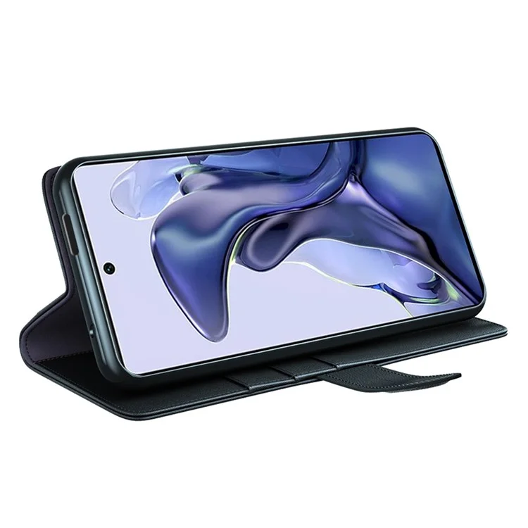 Für Xiaomi 11T/11T Pro Split Echtes Leder Handy-Hülle TPU-Innenschale Brieftasche Standfunktion Folio Flip Cover - Schwarz