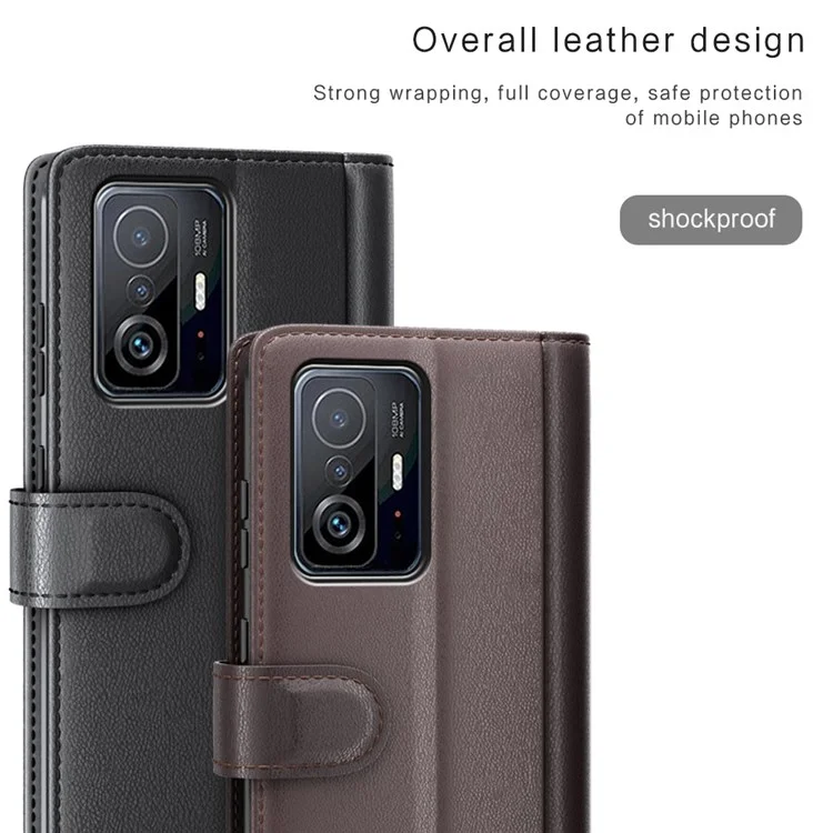 For Xiaomi 11T/11T Pro Split Genuine Leather Phone Case TPU Inner Shell Wallet Stand Folio Flip Cover - Black