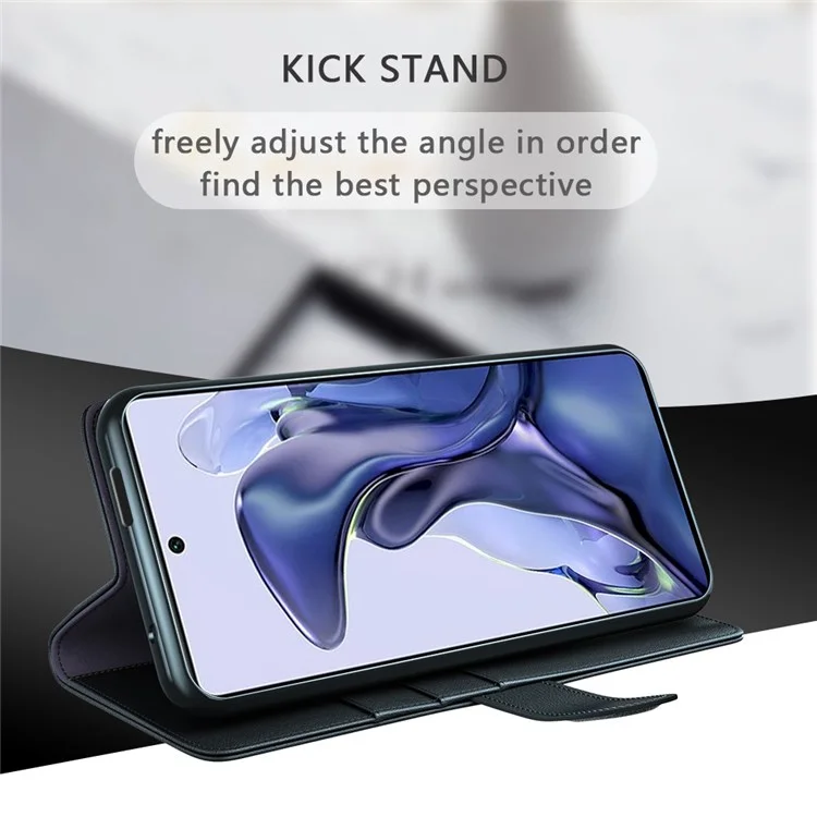 Für Xiaomi 11T/11T Pro Split Echtes Leder Handy-Hülle TPU-Innenschale Brieftasche Standfunktion Folio Flip Cover - Schwarz