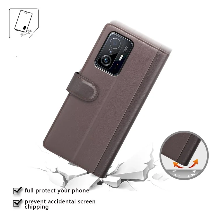 Für Xiaomi 11T/11T Pro Split Echtes Leder Handy-Hülle TPU-Innenschale Brieftasche Standfunktion Folio Flip Cover - Schwarz