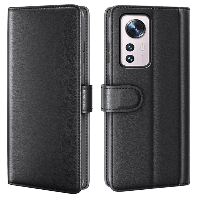 Чехол для телефона Xiaomi 12/12X/12S 5G, коллекция - расколотая натуральная кожа, книжный чехол с подставкой и ТПУ внутренним корпусом - черный