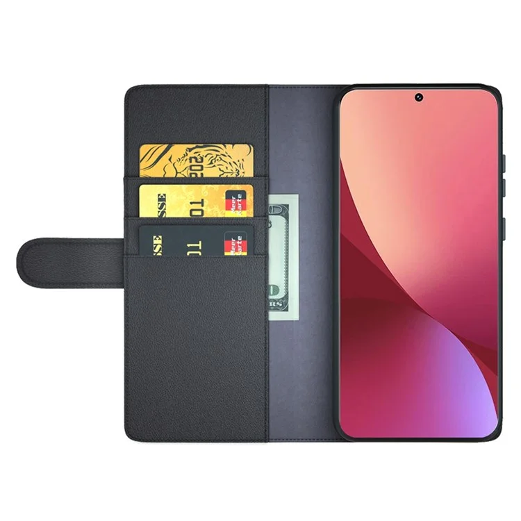 Чехол для телефона Xiaomi 12/12X/12S 5G, коллекция - расколотая натуральная кожа, книжный чехол с подставкой и ТПУ внутренним корпусом - черный