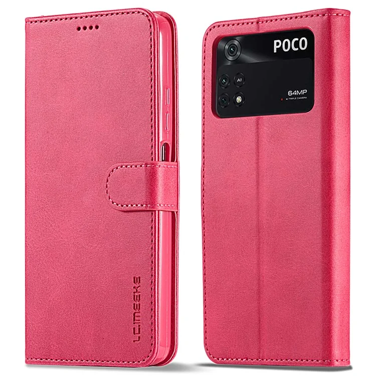LC.IMEEKE for Xiaomi Poco M4 Pro 4G Well-protected Textured PU Leather Flip Folio Stand Wallet Case Phone Case Cover - Red