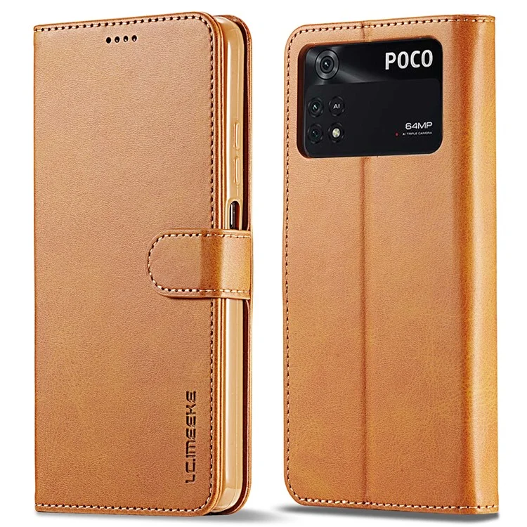 Lc. Imeeke Per Xiaomi Poco M4 Pro 4G Ben Protetta Testurizzata in Pelle Flip Flip Follio Wallet Case Cover Del Telefono - Marrone Chiaro