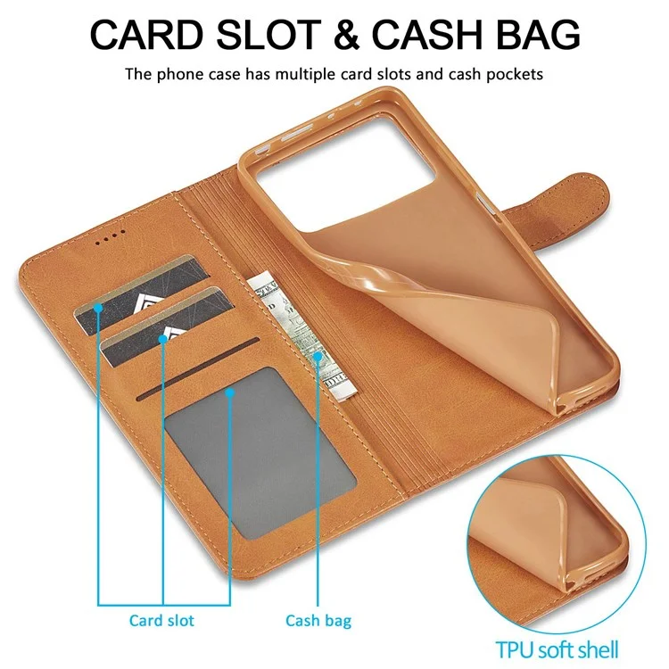 Lc. Imeeke Per Xiaomi Poco M4 Pro 4G Ben Protetta Testurizzata in Pelle Flip Flip Follio Wallet Case Cover Del Telefono - Marrone Chiaro