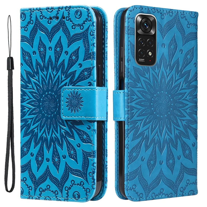 KT Imprinting Flower Series-1 Mandala Imprint PU Leather Cover for Xiaomi Redmi Note 11S 4G/Note 11 4G (Qualcomm), Sunflower Pattern Imprinting Wallet Stand Phone Shell - Blue