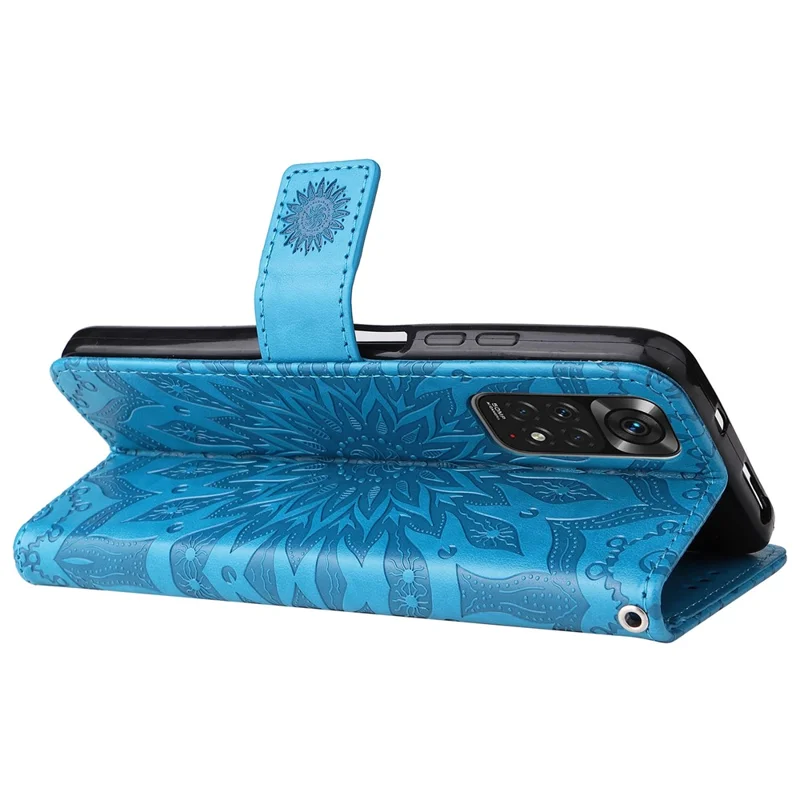 KT Imprinting Flower Series-1 Mandala Imprint PU Leather Cover for Xiaomi Redmi Note 11S 4G/Note 11 4G (Qualcomm), Sunflower Pattern Imprinting Wallet Stand Phone Shell - Blue