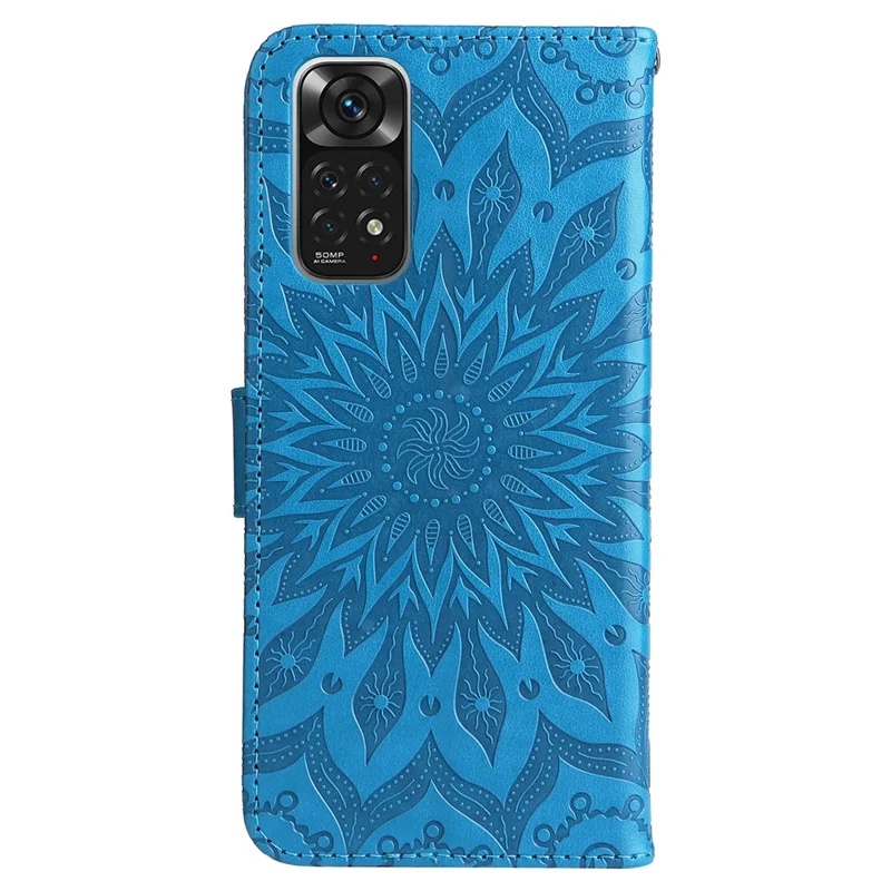 KT Imprinting Flower Series-1 Mandala Imprint PU Leather Cover for Xiaomi Redmi Note 11S 4G/Note 11 4G (Qualcomm), Sunflower Pattern Imprinting Wallet Stand Phone Shell - Blue