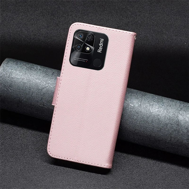 Flip-Hülle mit Geldbörse für Xiaomi Redmi 10C 4G, Lederschutzhülle mit Lederstruktur im Litschi-Design, Ständer mit Gurt – Roségold