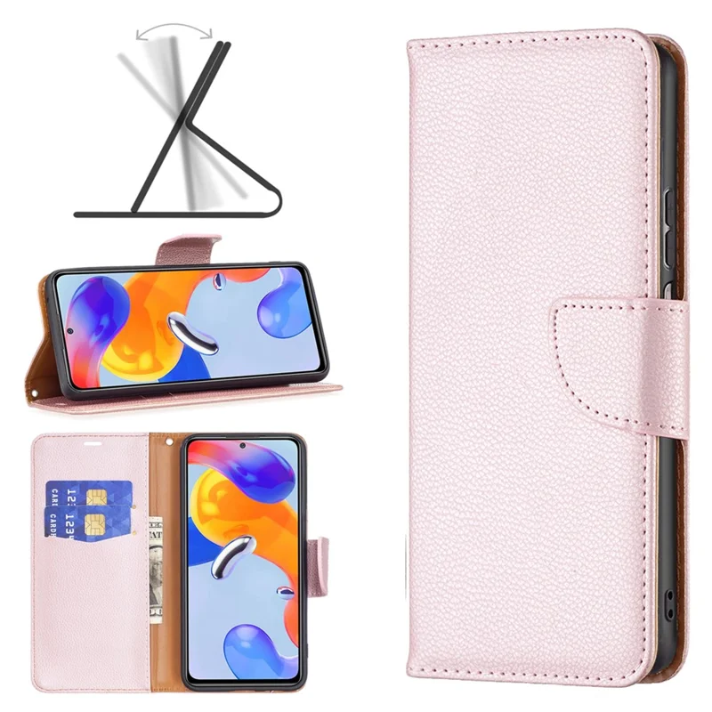 Flip-Hülle mit Geldbörse für Xiaomi Redmi 10C 4G, Lederschutzhülle mit Lederstruktur im Litschi-Design, Ständer mit Gurt – Roségold
