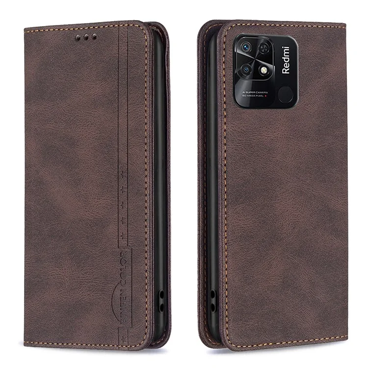 Binfen Color BF Series de Cuero-5 Magnetic Cierre Case de Teléfono Para Xiaomi Redmi 10C, 08 RFID Bloqueo PU Case de Cuero Pus Stand Flip Cubierta - Marrón
