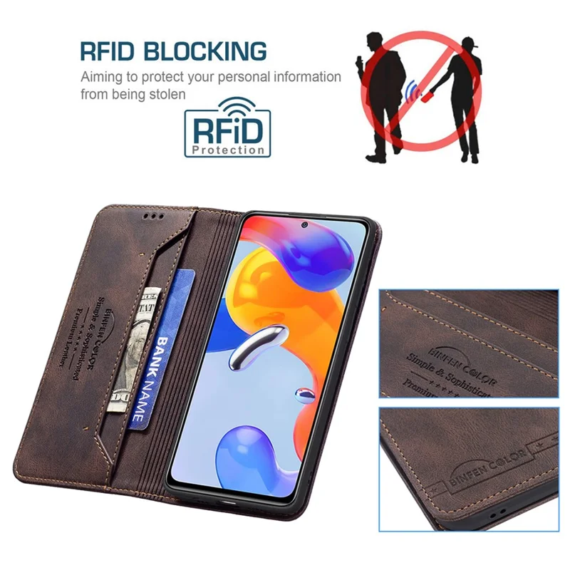 Binfen Color BF Series de Cuero-5 Magnetic Cierre Case de Teléfono Para Xiaomi Redmi 10C, 08 RFID Bloqueo PU Case de Cuero Pus Stand Flip Cubierta - Marrón