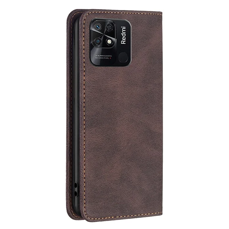 Binfen Color BF Series de Cuero-5 Magnetic Cierre Case de Teléfono Para Xiaomi Redmi 10C, 08 RFID Bloqueo PU Case de Cuero Pus Stand Flip Cubierta - Marrón