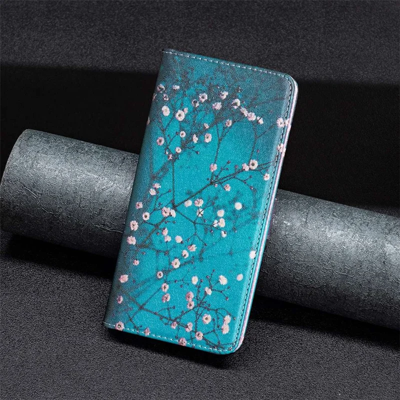 Étui portefeuille avec support pour Xiaomi Redmi 10C 4G, housse en cuir PU avec impression de motif - Fleur de prunier