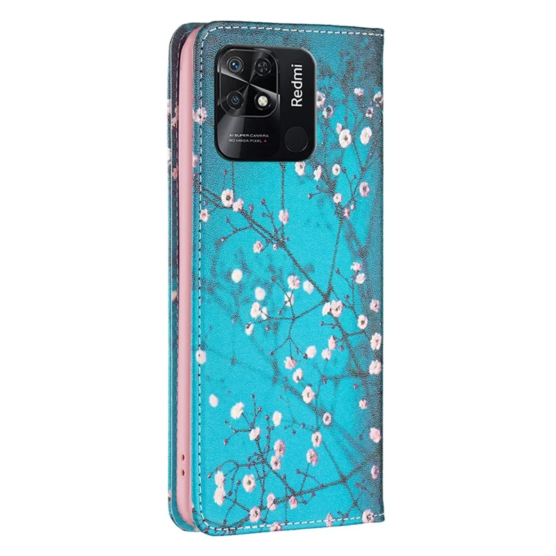 Étui portefeuille avec support pour Xiaomi Redmi 10C 4G, housse en cuir PU avec impression de motif - Fleur de prunier