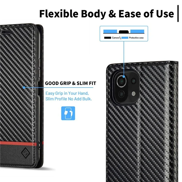 Lc. Imeeke Para Xiaomi 11 Lite 5G NE/Mi 11 Lite 5G/4G Flip Wallet Case, PU Leather Fiber Fiber Texture Stand Magnet Authobsorbed Folio Phone Cover - Franja Horizontal