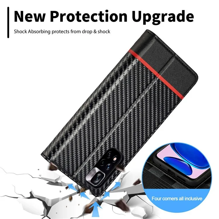LC.IMEEKE For Xiaomi Redmi Note 11 Pro+ 5G/Note 11 Pro 5G (China) (MediaTek) Flip Wallet Case, Fall Protection PU Leather Carbon Fiber Texture Stand Auto Closing Phone Cover - Horizontal Stripe