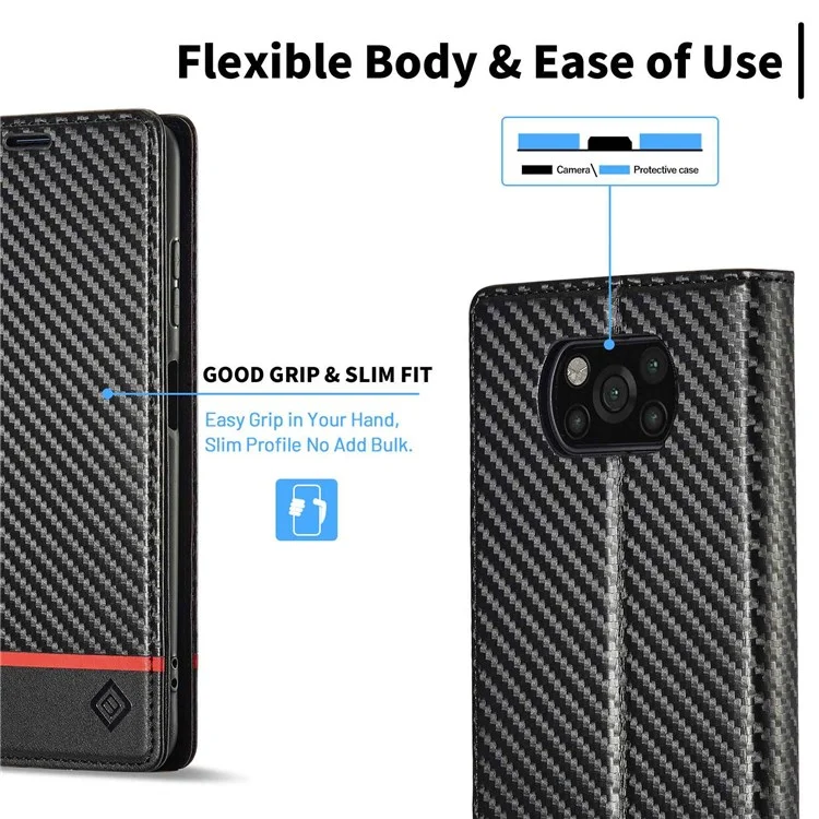 Lc. Imeeke Para Xiaomi Poco X3/X3 Pro/X3 NFC Flip Wallet Case, Soporte de Textura de Fibra de Carbono PU de Absorción de Choque PU Cubierta de Teléfono Autoconsorbido Automático - Franja Horizontal