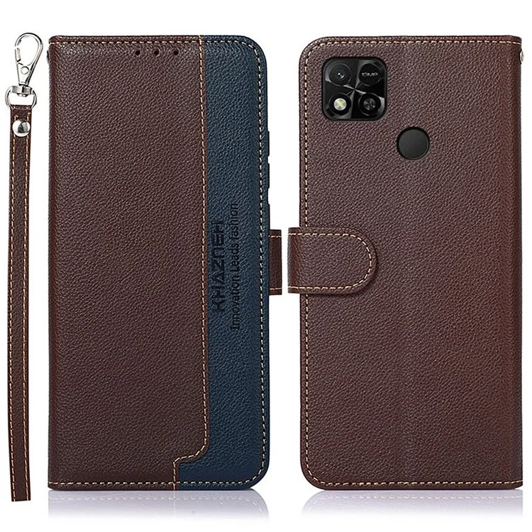 Khazneh Per Xiaomi Redmi 10A Telefono, Portafoglio Resistente All'impatto RFID Bloccante Litchi Texture State in Pelle Guscio Protettivo Con Cinturino - Marrone