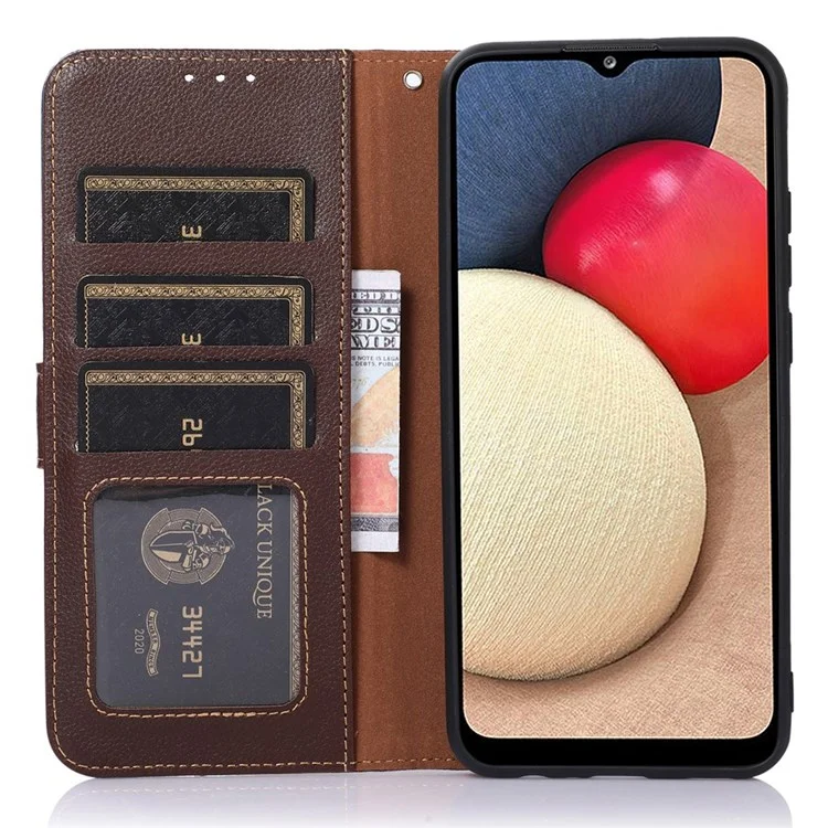 Khazneh Per Xiaomi Redmi 10A Telefono, Portafoglio Resistente All'impatto RFID Bloccante Litchi Texture State in Pelle Guscio Protettivo Con Cinturino - Marrone