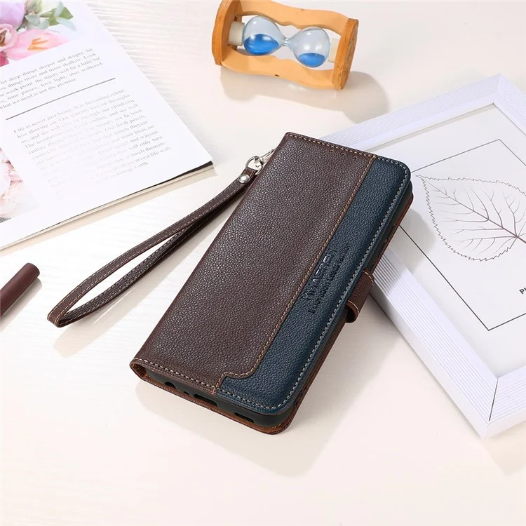 Khazneh Per Xiaomi Redmi 10A Telefono, Portafoglio Resistente All'impatto RFID Bloccante Litchi Texture State in Pelle Guscio Protettivo Con Cinturino - Marrone