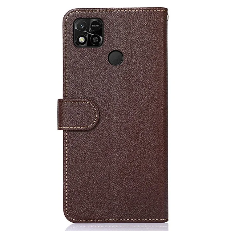 Khazneh Per Xiaomi Redmi 10A Telefono, Portafoglio Resistente All'impatto RFID Bloccante Litchi Texture State in Pelle Guscio Protettivo Con Cinturino - Marrone