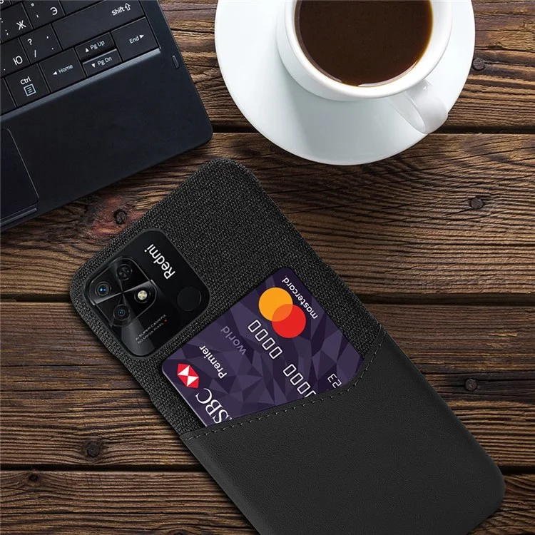 For Xiaomi Redmi 10C 4G Mobile Phone Case with Card Slots Cloth Texture PC + PU Leather Anti-Fall Back Cover - Black