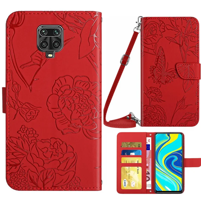 For Xiaomi Redmi Note 9 Pro/Note 9 Pro Max/Note 9S Butterfly Flower Imprinting Pattern Wallet Flip Case PU Leather Bookstyle Stand Magnetic Cove with Shoulder Strap - Red