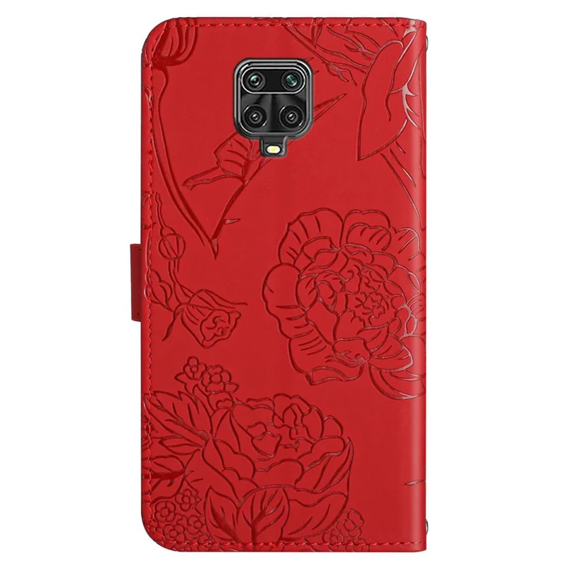 For Xiaomi Redmi Note 9 Pro/Note 9 Pro Max/Note 9S Butterfly Flower Imprinting Pattern Wallet Flip Case PU Leather Bookstyle Stand Magnetic Cove with Shoulder Strap - Red
