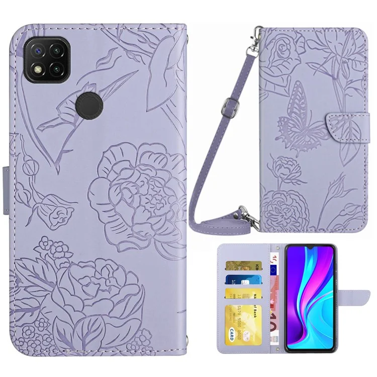 Para Xiaomi Redmi 9C/9C Nfc/poco C3 Caso de Teléfono de la Billetera Flores de Mariposa Impresas PU Cuero Protector Folio Foli - Púrpura Ligera