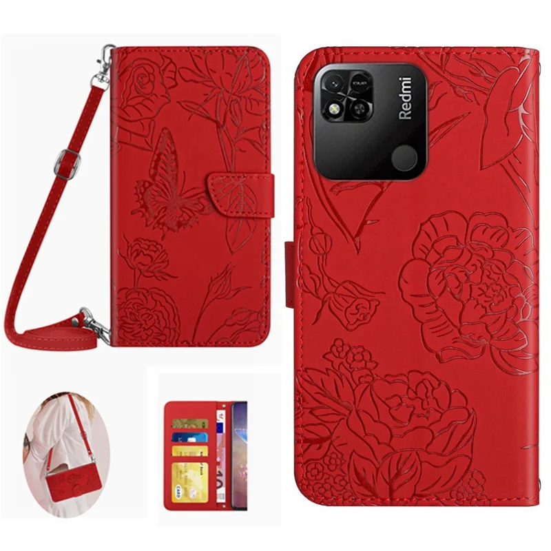 For Xiaomi Redmi 9C/9C NFC/Poco C3 Wallet Phone Case Butterfly Flowers Imprinted PU Leather Protective Folio Flip Cover Anti-Scratch Stand Shell with Shoulder Strap - Red