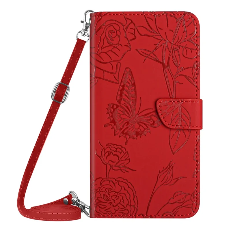 For Xiaomi Redmi 9C/9C NFC/Poco C3 Wallet Phone Case Butterfly Flowers Imprinted PU Leather Protective Folio Flip Cover Anti-Scratch Stand Shell with Shoulder Strap - Red