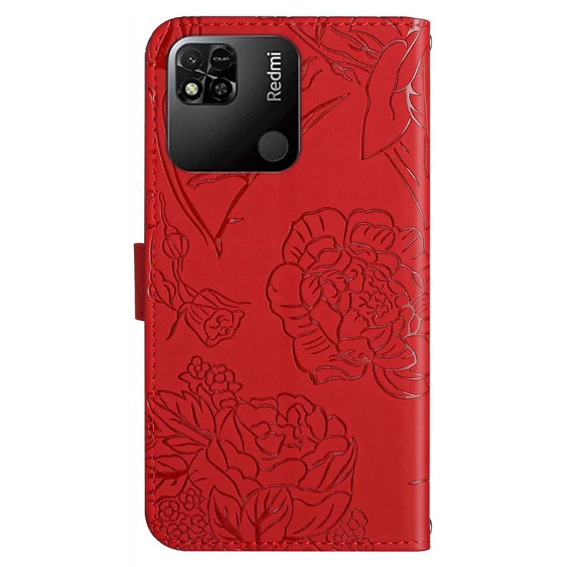 For Xiaomi Redmi 9C/9C NFC/Poco C3 Wallet Phone Case Butterfly Flowers Imprinted PU Leather Protective Folio Flip Cover Anti-Scratch Stand Shell with Shoulder Strap - Red