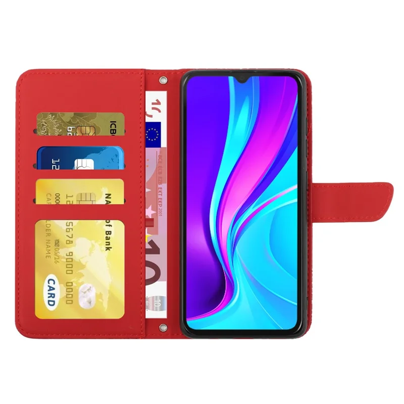 For Xiaomi Redmi 9C/9C NFC/Poco C3 Wallet Phone Case Butterfly Flowers Imprinted PU Leather Protective Folio Flip Cover Anti-Scratch Stand Shell with Shoulder Strap - Red