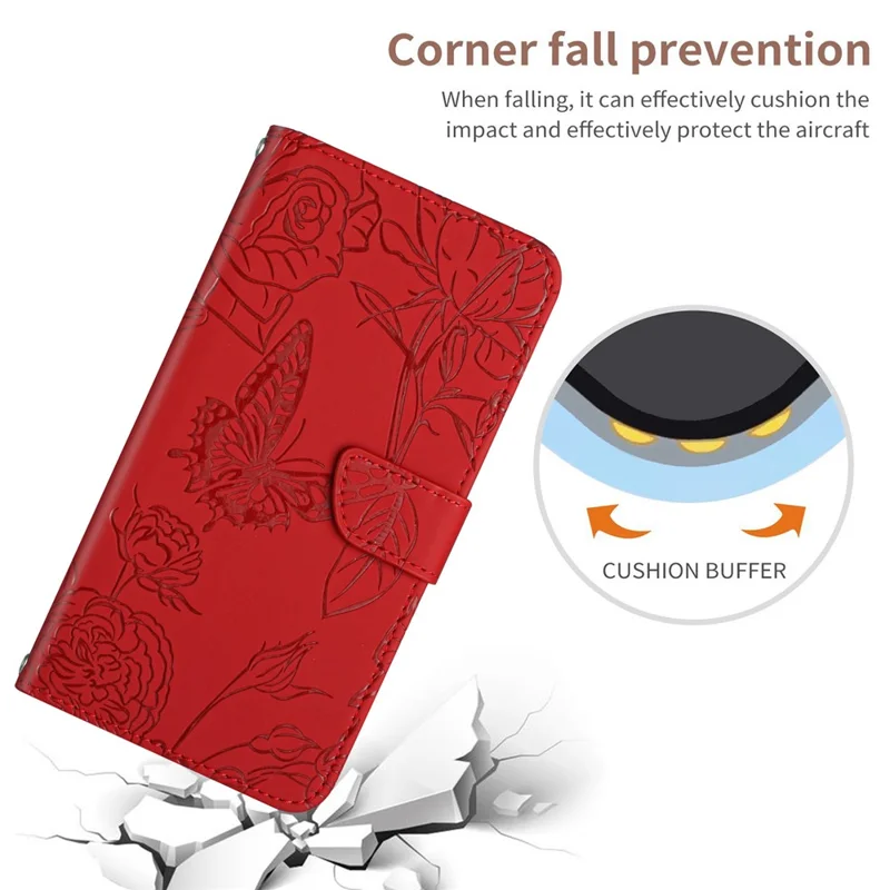 For Xiaomi Redmi 9C/9C NFC/Poco C3 Wallet Phone Case Butterfly Flowers Imprinted PU Leather Protective Folio Flip Cover Anti-Scratch Stand Shell with Shoulder Strap - Red