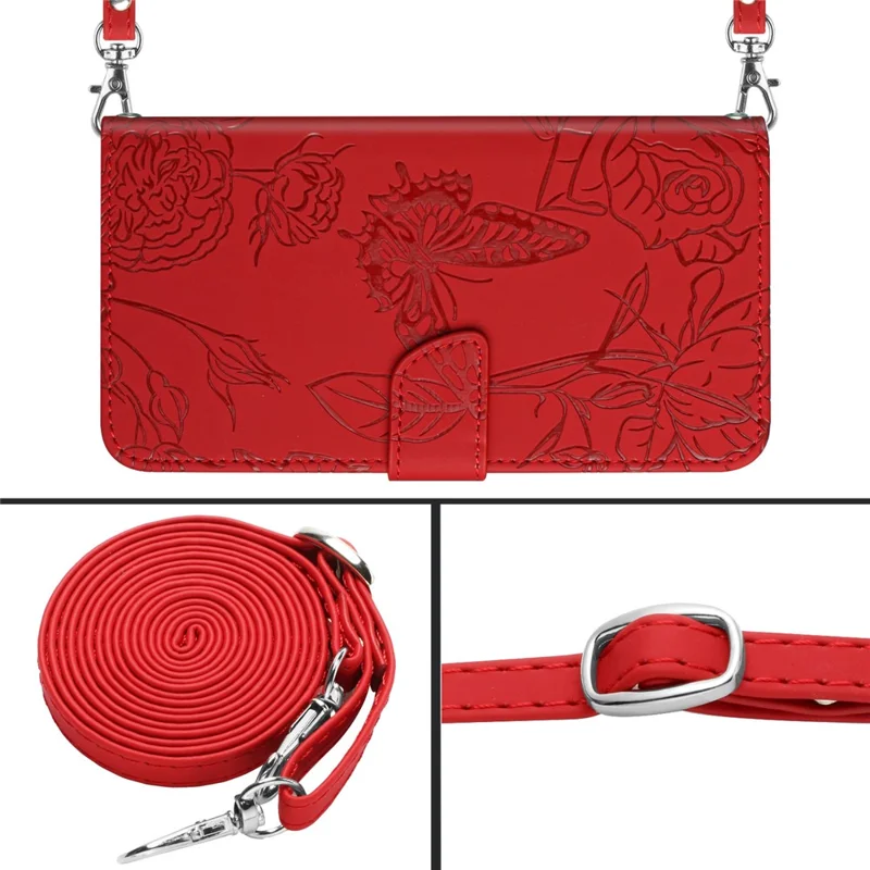 For Xiaomi Redmi 9C/9C NFC/Poco C3 Wallet Phone Case Butterfly Flowers Imprinted PU Leather Protective Folio Flip Cover Anti-Scratch Stand Shell with Shoulder Strap - Red