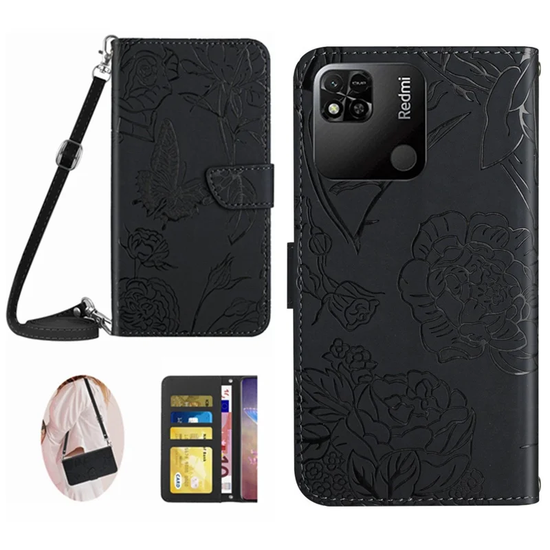 Para Xiaomi Redmi 9C/9C Nfc/poco C3 Caso de Teléfono de la Billetera Flores de Mariposa Impresas PU Cuero Protector Folio Foli - Negro