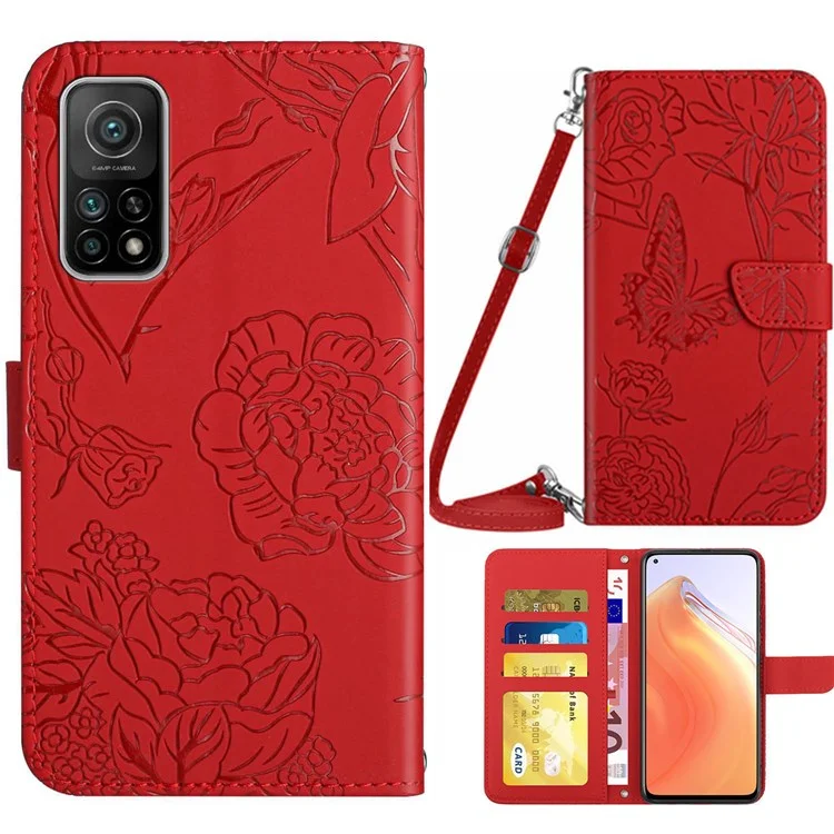 For Xiaomi Mi 10T 5G/Mi 10T Pro 5G/Redmi K30S Wallet Phone Case PU Leather Butterfly Flower Pattern Imprinted Magnetic Clasp Stand Function Flip Cover with Shoulder Strap - Red