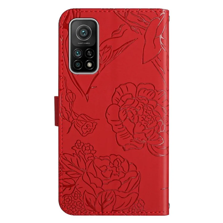 Für Xiaomi Mi 10T 5g/mi 10T Pro 5G/Redmi K30s Brieftasche Phone Hülle PU Leder Schmetterlingsblumblüte Geprägtes Magnetverschluss Ständer Funktion Flip Cover Mit Schultergurt - Rot