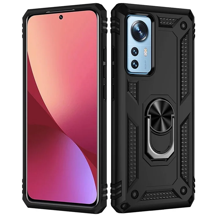 Для Xiaomi 12/12x/12s 5G Chace Crowe Chase Против Scratch Hard PC Soft TPU Защитная Крышка с Вращающимся Кольцом. - Черный